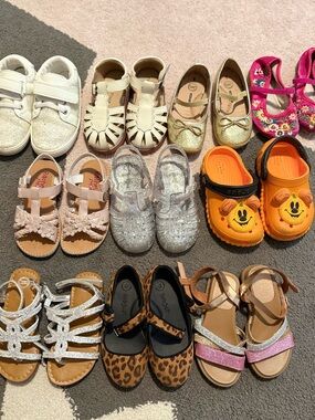 Toddler Girls Size 8 Shoe Bundle Disney Crocs Cat & Jack Sandals Flats Lot 10